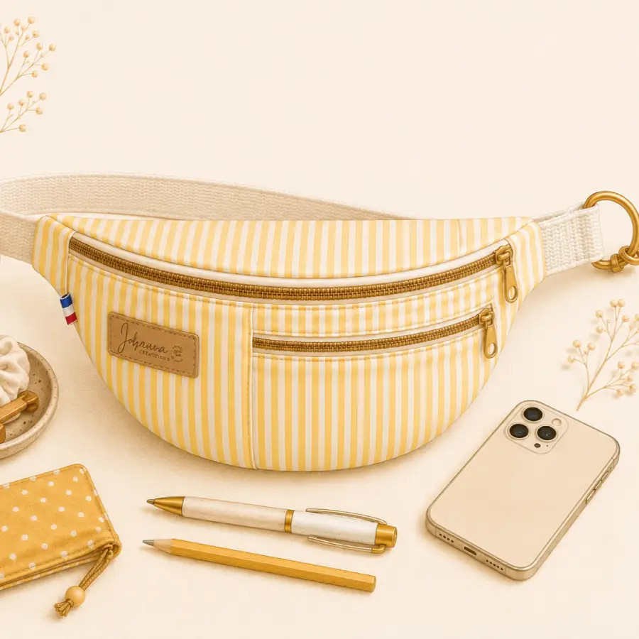 Illustration sac banane personnalisable tissu rayé jaune 2 zips sur le site Johanna Créations