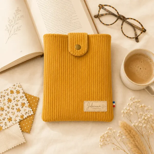 Illustration housse de livre personnalisable tissu velours côtelé moutarde sur le site Johanna Créations