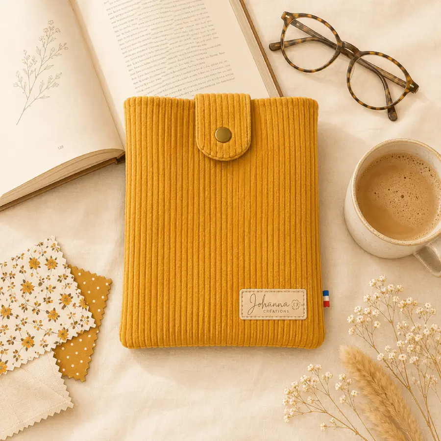 Illustration housse de livre personnalisable tissu velours côtelé moutarde sur le site Johanna Créations