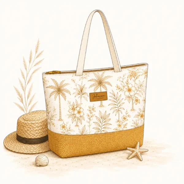 Illustration sac de plage personnalisable motif palmiers et raphia sur le site Johanna Créations