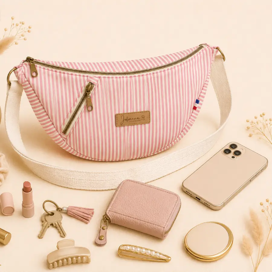 Illustration sac demi-lune personnalisable tissu rayé rose sur le site Johanna Créations