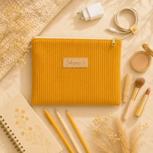 trousse plate à personnaliser Trousse plate multifonction personnalisable velours côtelé moutarde sur le site Johanna Créations