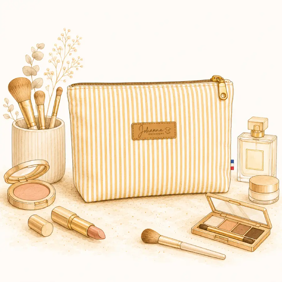 Illustration trousse base triangle pour make-up personnalisable tissu rayé doré sur le site Johanna Créations