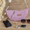 Sac demi-lune rayé rose et blanc avec bandoulière – sur le site Johanna Créations