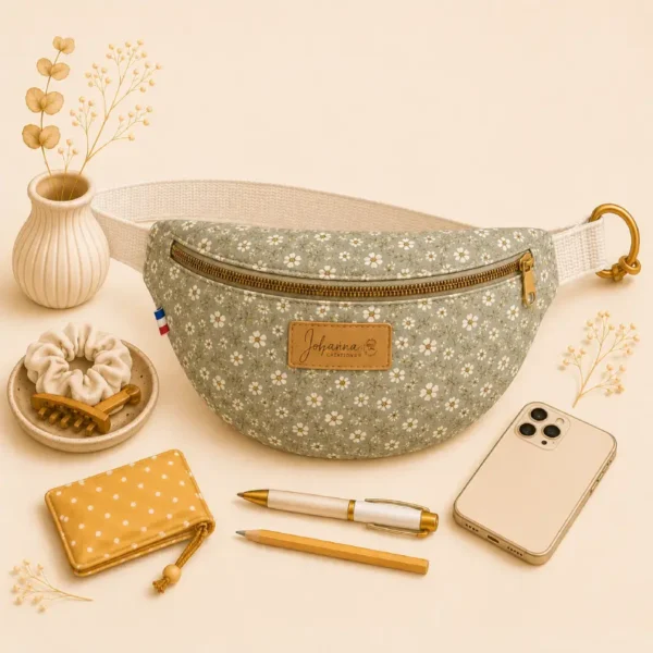 Sac banane à personnalisé, personnalisable fleuri vert sauge avec bandoulière réglable – sur le site Johanna Créations