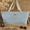Sac de plage grande taille rayures vertes et base raphia sur le site Johanna Créations
