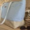 Sac de plage grande taille rayures vertes et base raphia sur le site Johanna Créations