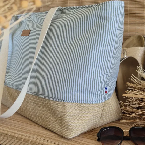 Sac de plage grande taille rayures vertes et base raphia sur le site Johanna Créations