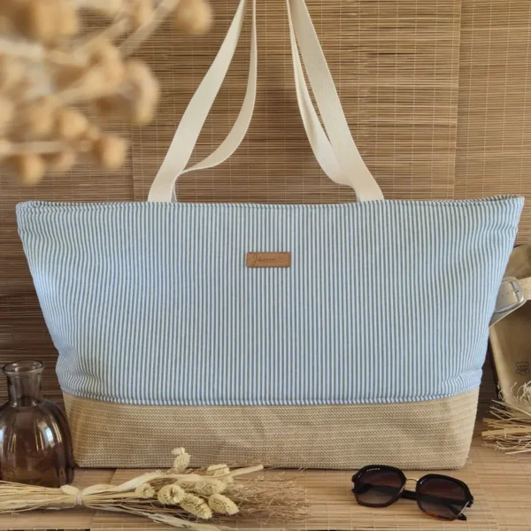 Sac de plage grande taille rayures vertes et base raphia sur le site Johanna Créations